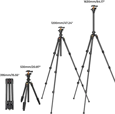 Demonstrates the tripod's versatility by showing its adjustable height range from compact 15.55 inches when folded to fully extended 64.17 inches, helping shoppers understand its portability and…