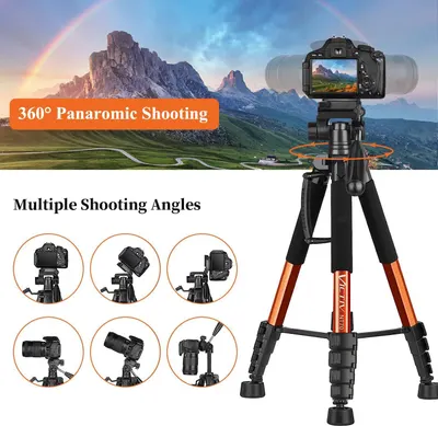 Demonstrates the tripod's versatility by highlighting two key benefits: 360-degree panoramic rotation capability and multiple adjustable shooting angles for different photography needs.