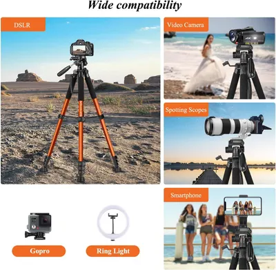 Demonstrates the tripod's versatility by showing it works with multiple device types including DSLR cameras, video cameras, spotting scopes, smartphones, GoPros, and ring lights, reassuring shoppers…