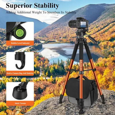 Communicates the tripod's superior stability through three distinct features: a bubble level for precise alignment, a hook for adding weight via camera bag, and multi-terrain feet for versatile…