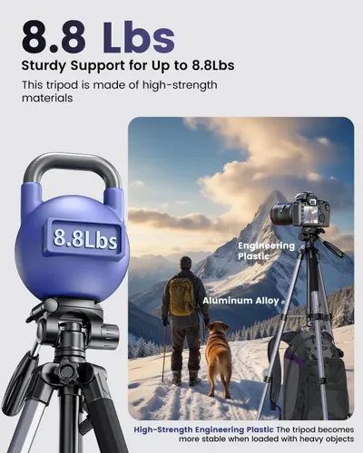Communicates the tripod's maximum load capacity of 8.8 lbs to reassure shoppers it can support their camera equipment securely. Highlights the specific materials used in the tripod's construction to…
