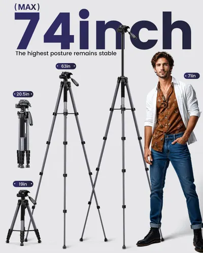 Demonstrates the tripod's impressive maximum height of 74 inches and its adjustable range from 19 inches to 74 inches, using a human model for scale to help shoppers visualize the product's size and…