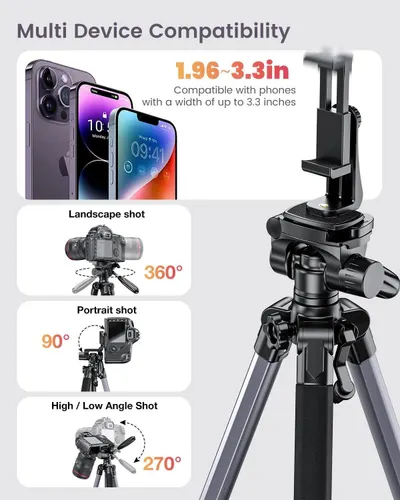 Demonstrates the tripod's versatility by showing multiple use cases: phone compatibility (1.96-3.3 inches), landscape photography with 360° rotation, portrait mode at 90°, and high/low angle shots…