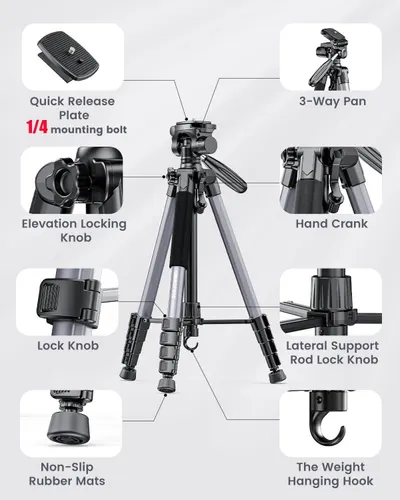 This image breaks down the tripod's physical components and structural parts to help shoppers understand what the product is made of and how each part functions.