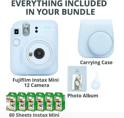 Shows the customer everything included in the bundle purchase—camera, protective case, photo album, and 60 sheets of film—to communicate value and completeness.