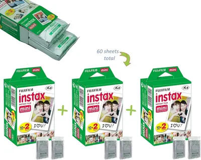 Shows the customer exactly what they receive in the bundle—three twin-packs of Fujifilm Instax Mini film totaling 60 sheets—to clarify the value and quantity included in the purchase.