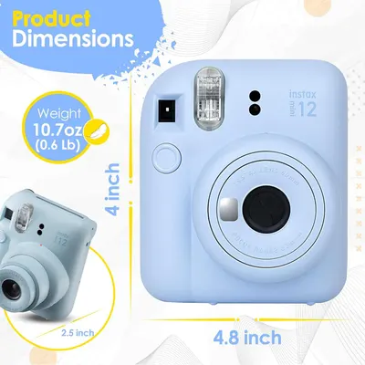 Communicates the exact physical size and weight of the Instax Mini 12 camera to help shoppers understand how compact and lightweight it is for portability.