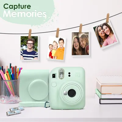 Shows everything included with the instant camera purchase—the camera, protective case, batteries, and sample printed photos—to help shoppers understand the complete package they'll receive.
