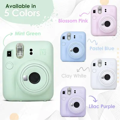 Showcases the brand's product lineup by displaying all five available color options for the Instax Mini 12 camera, helping shoppers choose their preferred color variant.