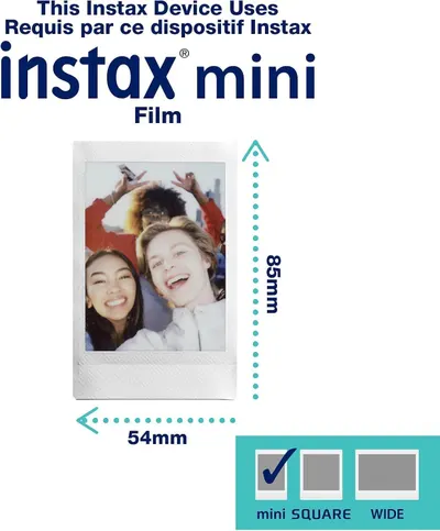 Communicates the exact physical dimensions of the Instax mini film (54mm x 85mm) to help shoppers understand the size of the prints they will receive. Shows which Instax camera formats are…