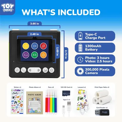Shows everything included in the package to help shoppers understand the complete value of the bundle, including the camera device, charging cable, memory card, stickers, photo album, pens, lanyard,…
