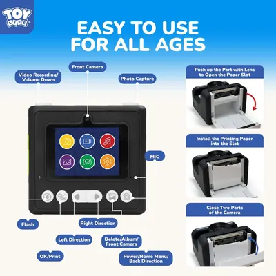 Explains how to use the toy camera by labeling all button functions and providing step-by-step instructions for loading printing paper, making it easy for children and parents to understand setup…