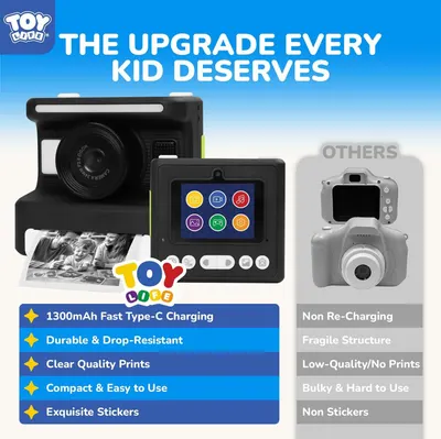 This image compares the Toy Life kids' camera against generic competitors, highlighting five key advantages (rechargeable battery, durability, print quality, ease of use, and stickers) to…