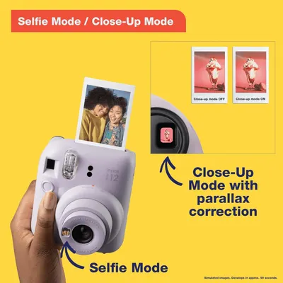 Demonstrates two distinct camera modes available on the instant camera—Selfie Mode for self-portraits and Close-Up Mode with parallax correction for detailed macro photography—helping shoppers…