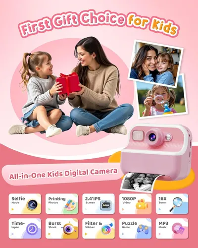 This image showcases the comprehensive feature set of a kids' digital camera, highlighting 10 distinct capabilities in a segmented grid layout to communicate versatility and value as a gift choice…