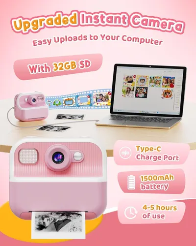 Communicates multiple technical specifications and benefits of the instant camera in a segmented layout to show parents the product's storage capacity, connectivity, battery life, and printing…