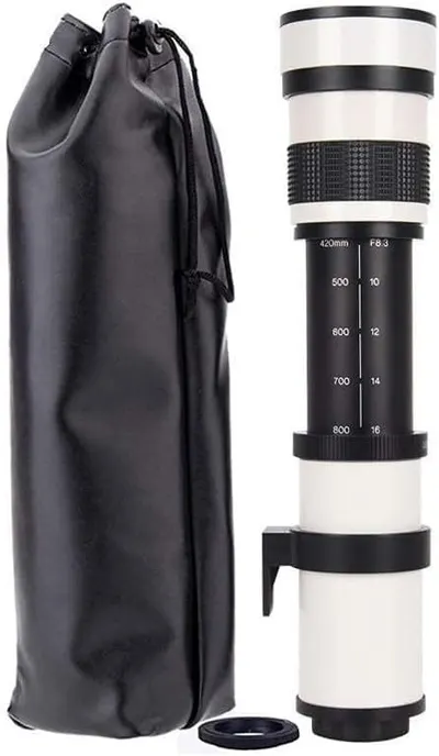 Shows everything included in the purchase: the telephoto lens, protective carrying pouch, and lens cap, reassuring the shopper they're getting a complete package ready to use.