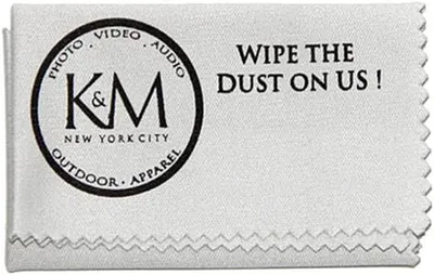Communicates the brand identity (K&M New York City) and reinforces brand recognition with a playful tagline that invites shoppers to use the cleaning cloth product.