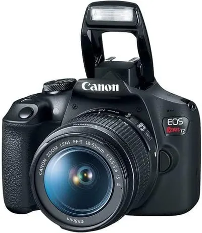 Provides a clear, unobstructed view of the Canon EOS Rebel T7 camera with its lens and pop-up flash, allowing shoppers to see the product's design and physical appearance without distractions.