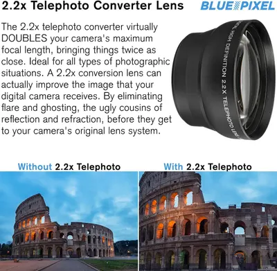 Demonstrates the visual transformation and enhanced zoom capability achieved by using the 2.2x telephoto converter lens, showing how it brings distant subjects significantly closer. Communicates the…