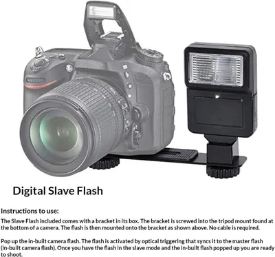 Explains how to mount and use the digital slave flash accessory with a camera, including bracket installation and optical triggering setup.
