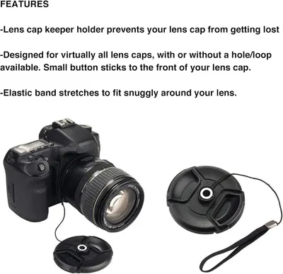 Communicates multiple distinct benefits of the lens cap holder accessory: prevents lens cap loss, works with virtually all lens caps, and features an elastic band for snug fit around the lens.