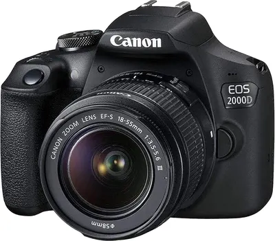 Provides a clean, catalog-style view of the Canon EOS 2000D camera with lens on a white background, allowing shoppers to see the product clearly without distractions.