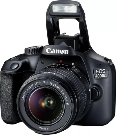 Provides a clean, catalog-style view of the Canon EOS 4000D camera with lens and flash extended, allowing shoppers to see the product clearly without distractions.