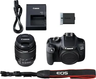 Shows all the items included in the Canon EOS 4000D camera package, helping shoppers understand they receive a complete kit with camera body, lens, battery, charger, power cable, and strap.