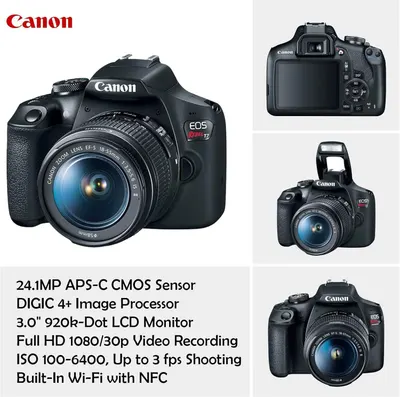 Communicates multiple technical specifications and features of the Canon EOS Rebel T7 camera to inform shoppers of its comprehensive capabilities and performance characteristics.