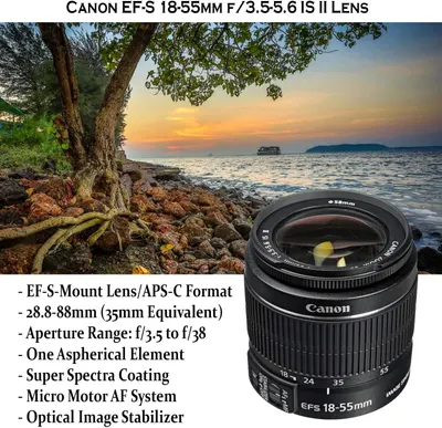 This image showcases multiple technical specifications and features of the Canon lens to communicate its versatility, optical quality, and professional capabilities to potential buyers.