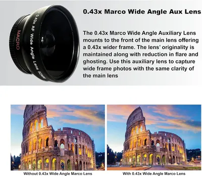 Demonstrates the visual transformation and wider field of view achieved when using the 0.43x Marco Wide Angle Auxiliary Lens compared to shooting without it. Highlights the primary benefit of the…