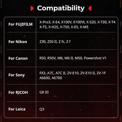 Demonstrates which camera brands and models the product is compatible with, helping shoppers quickly verify if it works with their specific camera equipment.