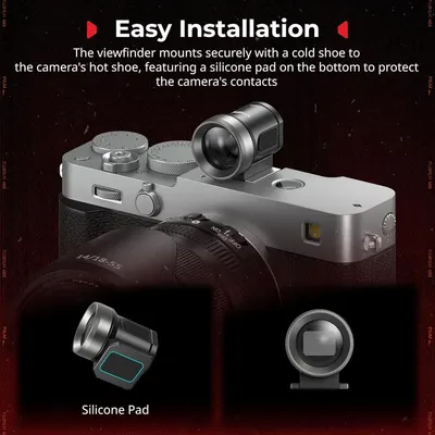 Demonstrates how the viewfinder mounts securely to the camera's hot shoe with a protective silicone pad, reassuring shoppers that installation is simple and safe for their camera. Highlights the…