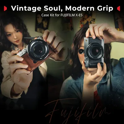 Showcases the brand's case kit product line for FUJIFILM X-E5, highlighting the vintage aesthetic with modern functionality through two different case options (brown leather and black textured grip).