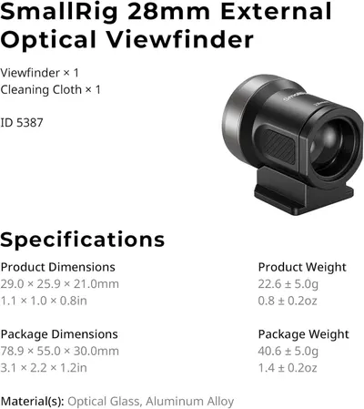 Shows what's included in the package (viewfinder and cleaning cloth) and provides detailed product specifications including dimensions, weight, and materials to help shoppers understand exactly what…