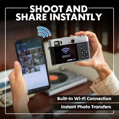 Demonstrates the camera's wireless connectivity feature, showing how users can instantly transfer photos from the camera to their smartphone for easy sharing.