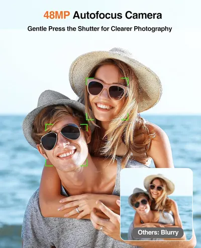 Demonstrates the product's superior autofocus camera quality by showing a side-by-side comparison with competitors, highlighting that this camera produces sharp, clear photos while others produce…