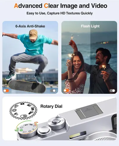 Showcases three distinct camera features in a segmented layout to demonstrate the product's advanced imaging capabilities and ease of use for capturing high-quality photos and videos.