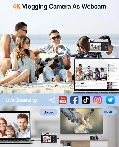 Demonstrates the versatility of the camera by showing multiple use scenarios including vlogging, webcam functionality, live streaming to social platforms, content upload, and HDMI connectivity for…