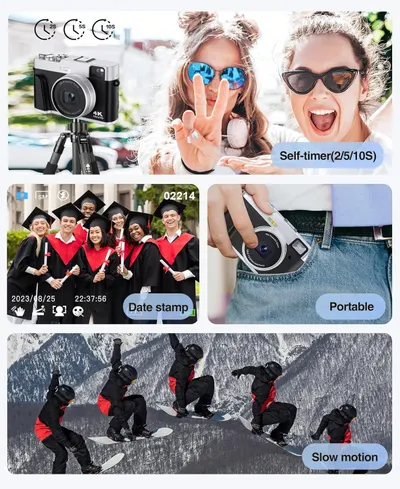 Demonstrates multiple key features of the camera including self-timer functionality, date stamp capability, portability, and slow motion recording to show the product's versatility and comprehensive…
