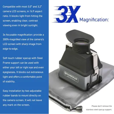 Communicates multiple distinct benefits of the camera viewfinder including magnification power, compatibility with various camera screens, comfort features, and ease of installation to help shoppers…