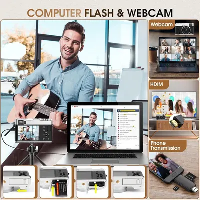 Demonstrates the multiple use cases and connectivity options for the camera flash device, showing it can be used as a webcam for video calls, connected via HDIM for presentations or parties, and…