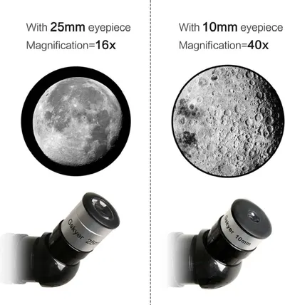 Demonstrates the difference in magnification power between two eyepiece options (25mm vs 10mm) to help shoppers understand the viewing capabilities and choose the right configuration for their needs.