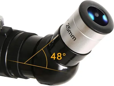 Highlights the specific 48-degree field of view specification of the 25mm eyepiece to communicate the viewing angle capability to astronomy enthusiasts.
