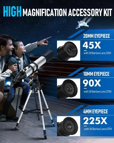 Shows the complete accessory kit included with the telescope, highlighting three different eyepiece options with their respective magnification capabilities to help shoppers understand what they…