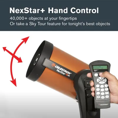 Communicates the ease of controlling the telescope with a handheld remote that provides access to 40,000+ celestial objects and automated Sky Tour features.