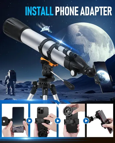 Demonstrates the step-by-step process of installing and attaching a phone adapter to the telescope, showing shoppers how easy it is to set up for smartphone photography.