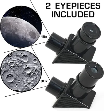 Communicates what accessories come with the product, specifically highlighting that two different magnification eyepieces are included to reassure shoppers of the complete package value. Highlights…
