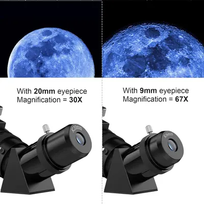 Demonstrates the visual difference between two eyepiece options (20mm vs 9mm) to help shoppers understand the magnification capabilities and choose the right eyepiece for their viewing needs.